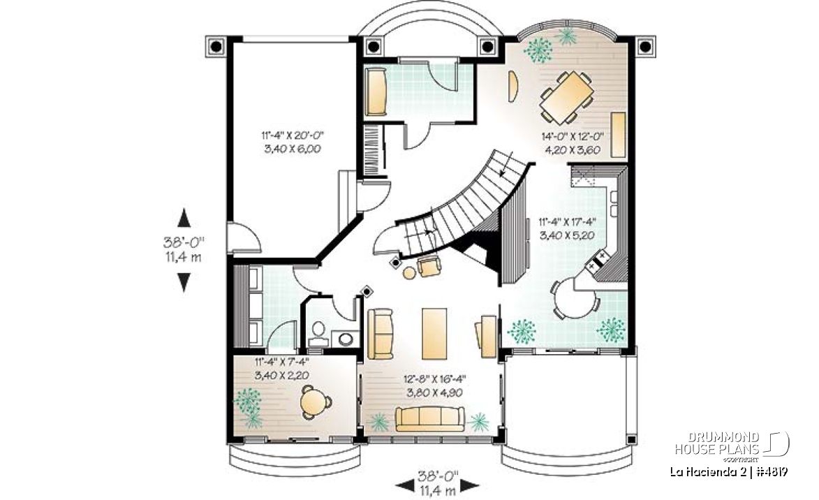 1st level - Spanish style villa house plan, 4 bedrooms, 3 bathrooms, beautiful master suite with terrace, garage - La Hacienda 2