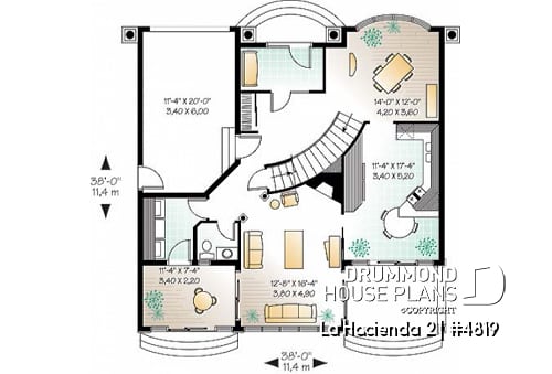 1st level - Spanish style villa house plan, 4 bedrooms, 3 bathrooms, beautiful master suite with terrace, garage - La Hacienda 2