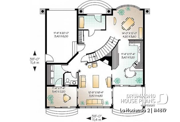 1st level - Spanish style villa house plan, 4 bedrooms, 3 bathrooms, beautiful master suite with terrace, garage - La Hacienda 2