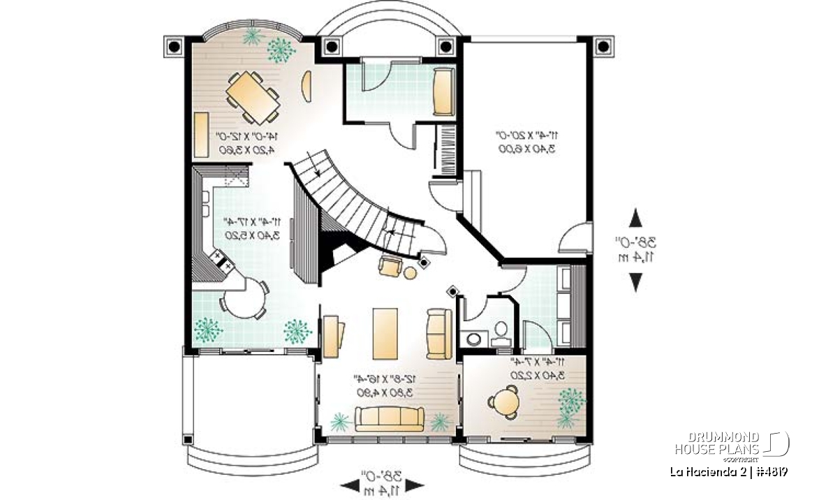 1st level - Spanish style villa house plan, 4 bedrooms, 3 bathrooms, beautiful master suite with terrace, garage - La Hacienda 2