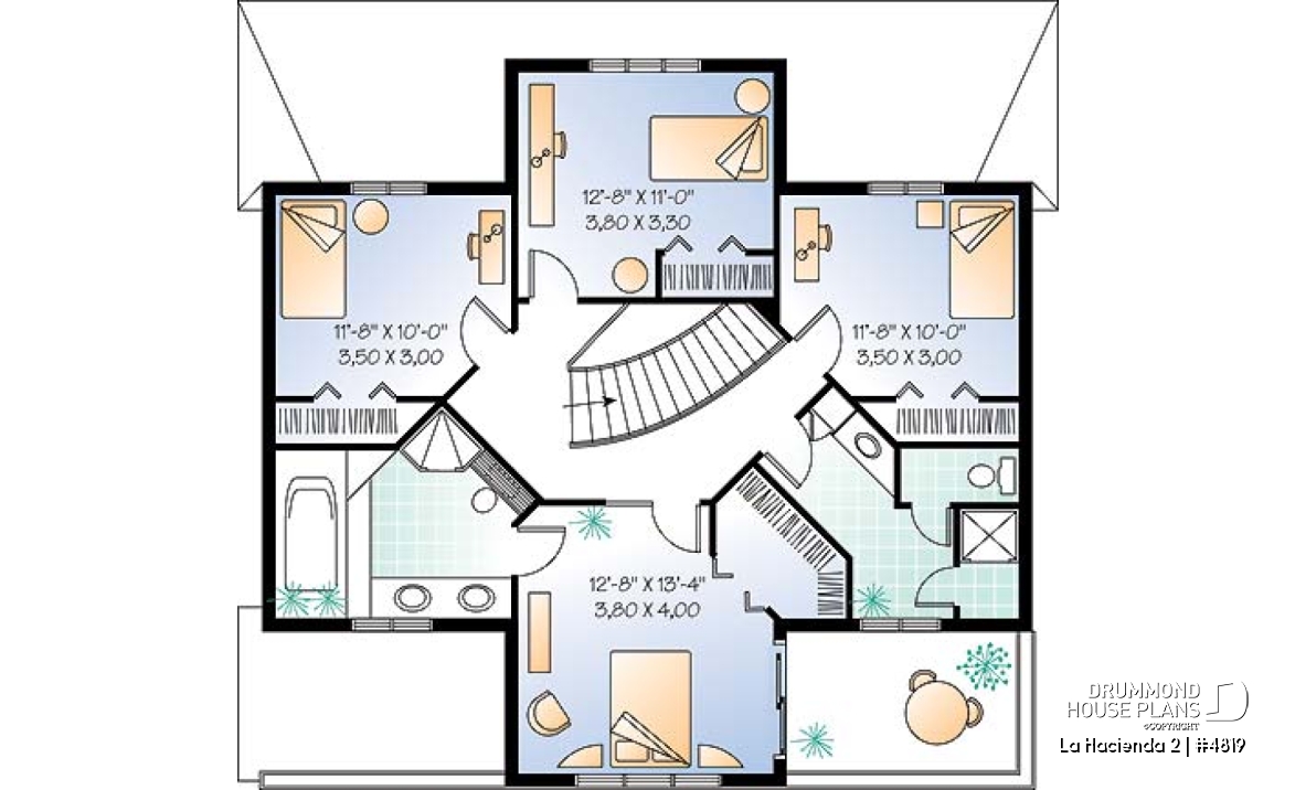 2nd level - Spanish style villa house plan, 4 bedrooms, 3 bathrooms, beautiful master suite with terrace, garage - La Hacienda 2