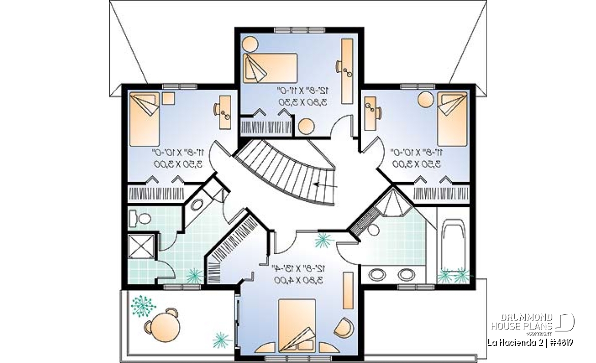 2nd level - Spanish style villa house plan, 4 bedrooms, 3 bathrooms, beautiful master suite with terrace, garage - La Hacienda 2
