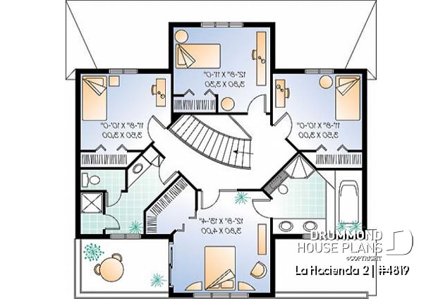 2nd level - Spanish style villa house plan, 4 bedrooms, 3 bathrooms, beautiful master suite with terrace, garage - La Hacienda 2