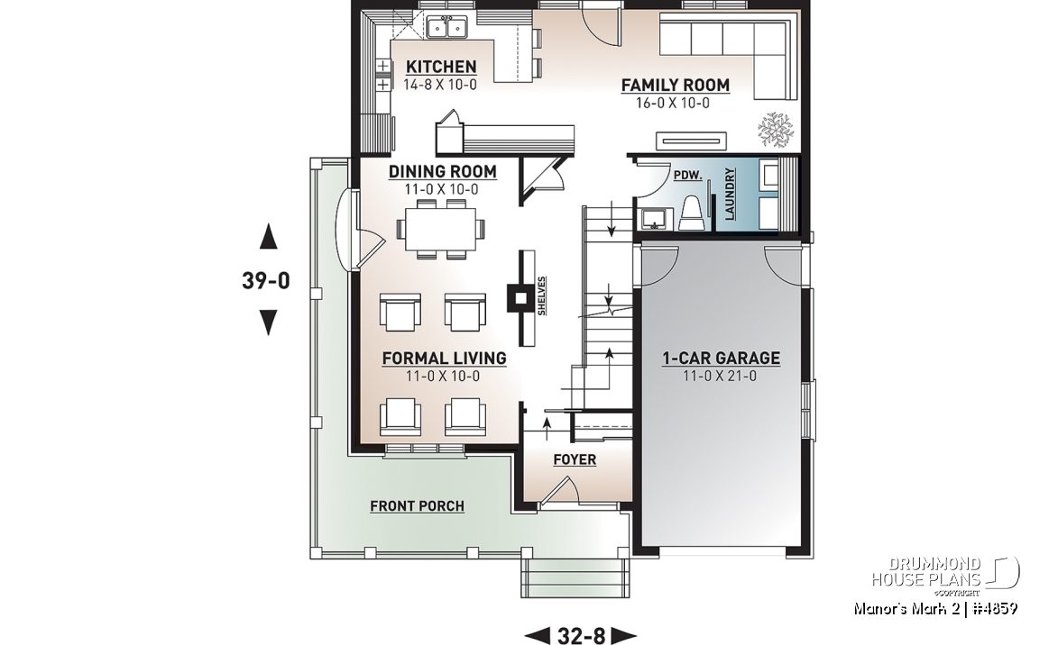 1st level - European 2 storey house plan, 4 bedroom with wrap around porch and garage - Manor's Mark 2