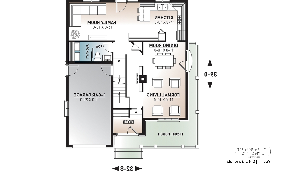 1st level - European 2 storey house plan, 4 bedroom with wrap around porch and garage - Manor's Mark 2