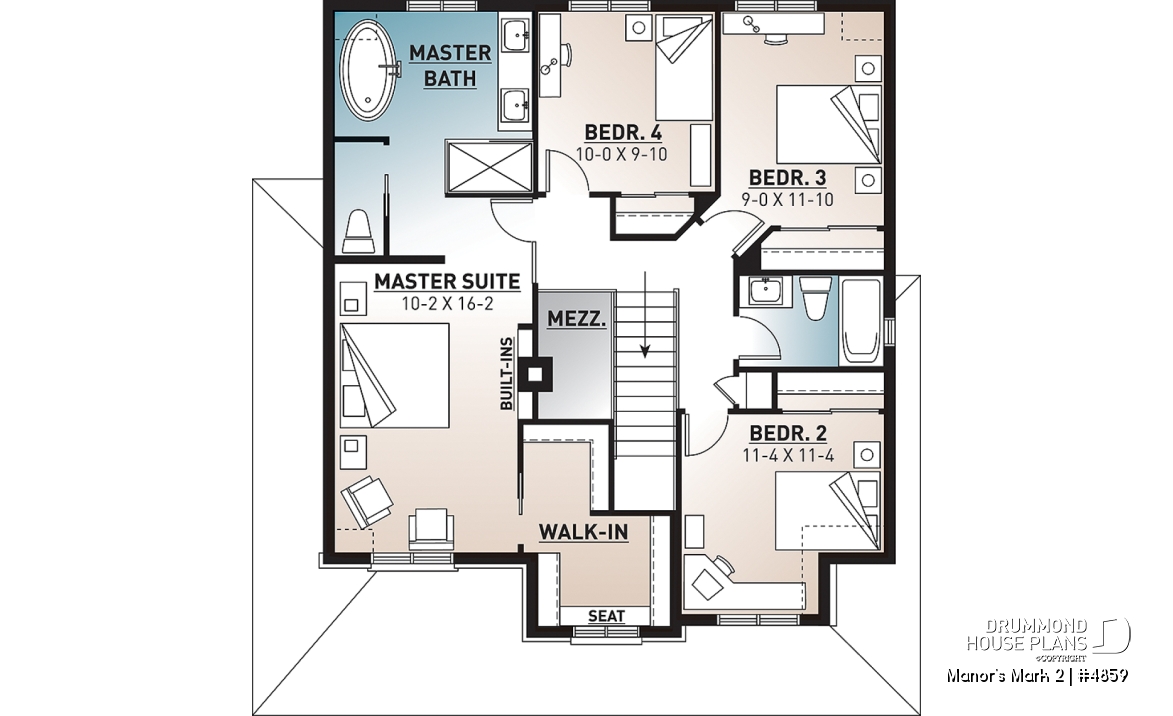 2nd level - European 2 storey house plan, 4 bedroom with wrap around porch and garage - Manor's Mark 2