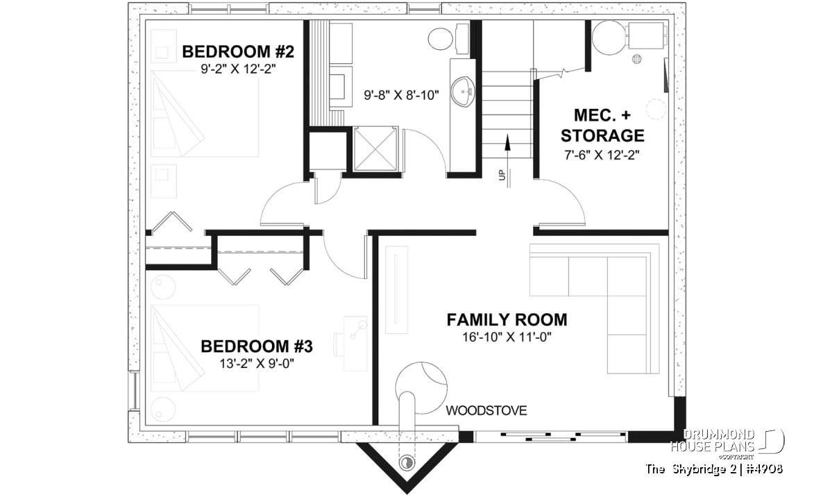 Basement - Ski chalet house plan with master on main level, 2 living rooms, 3 bedrooms, walkout basement, fireplaces - The  Skybridge 2