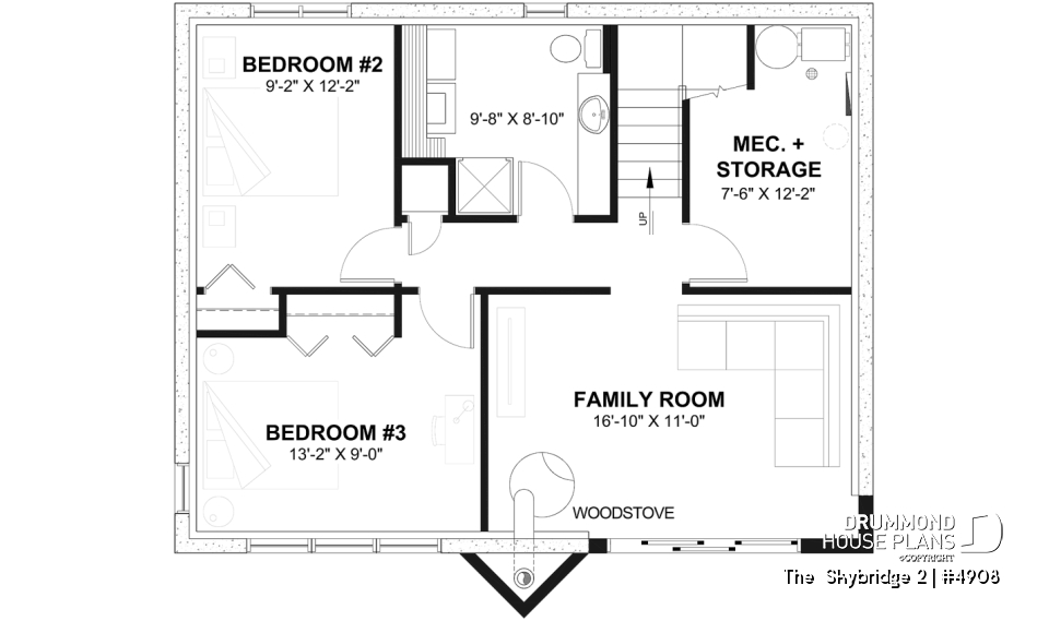 Basement - Ski chalet house plan with master on main level, 2 living rooms, 3 bedrooms, walkout basement, fireplaces - The  Skybridge 2