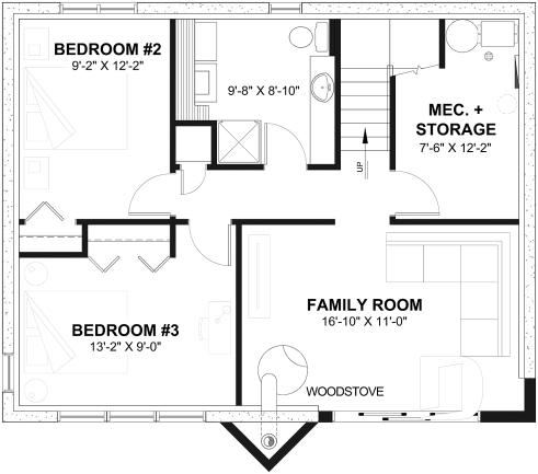 Basement - Ski chalet house plan with master on main level, 2 living rooms, 3 bedrooms, walkout basement, fireplaces - The  Skybridge 2
