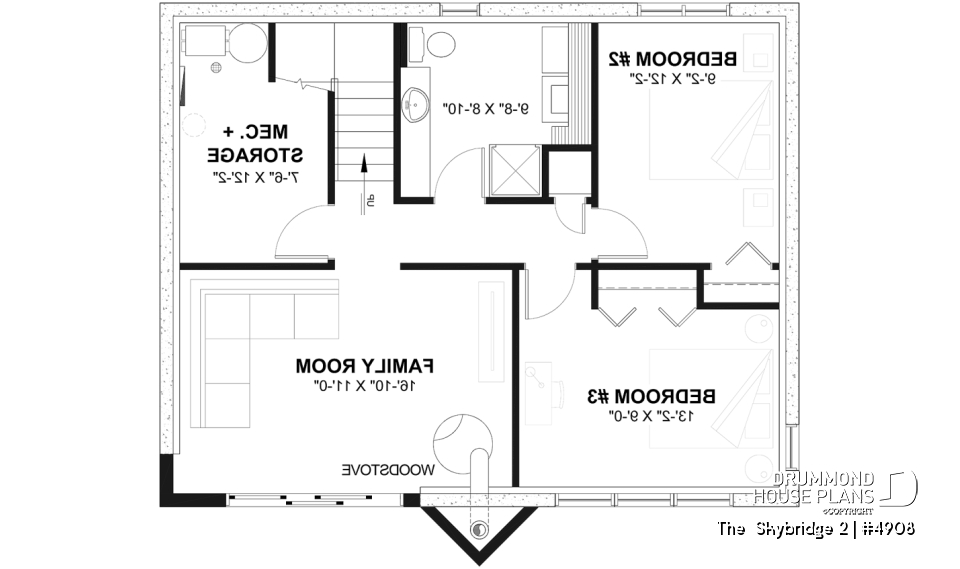 Basement - Ski chalet house plan with master on main level, 2 living rooms, 3 bedrooms, walkout basement, fireplaces - The  Skybridge 2