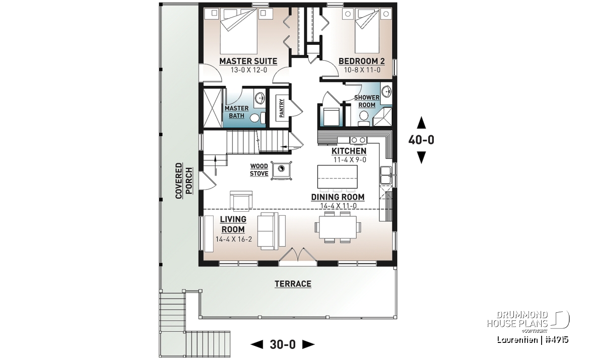 1st level - Mountain style house plan, 4 bedrooms, garage, wraparound balconies, fireplace, loft in mezzanine - Laurentien