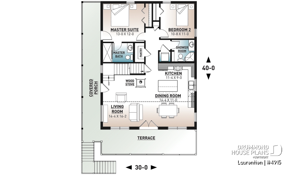 1st level - Mountain style house plan, 4 bedrooms, garage, wraparound balconies, fireplace, loft in mezzanine - Laurentien