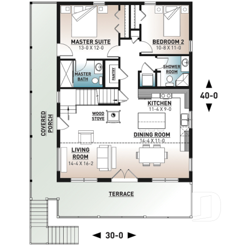 1st level - Mountain style house plan, 4 bedrooms, garage, wraparound balconies, fireplace, loft in mezzanine - Laurentien