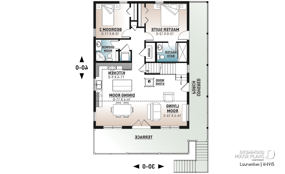1st level - Mountain style house plan, 4 bedrooms, garage, wraparound balconies, fireplace, loft in mezzanine - Laurentien