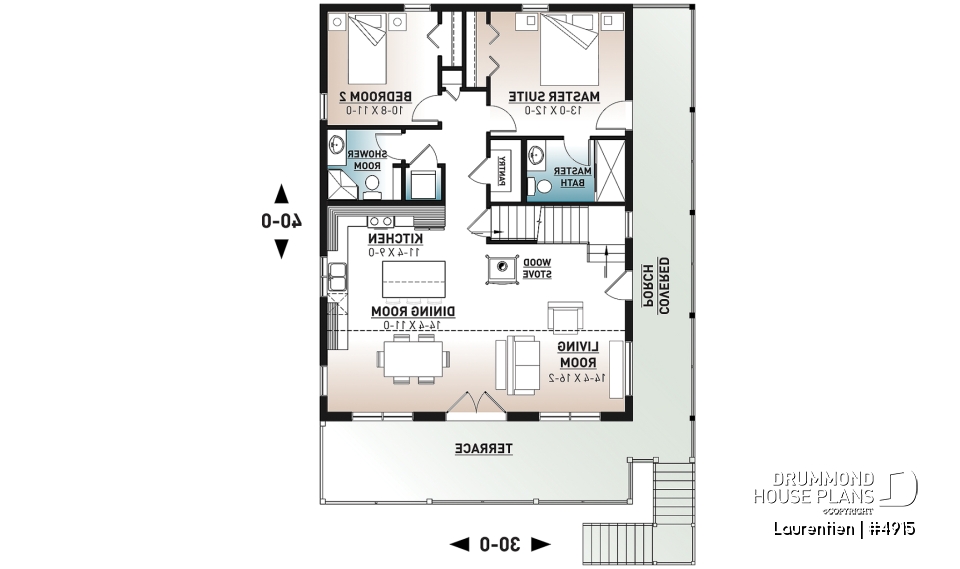 1st level - Mountain style house plan, 4 bedrooms, garage, wraparound balconies, fireplace, loft in mezzanine - Laurentien