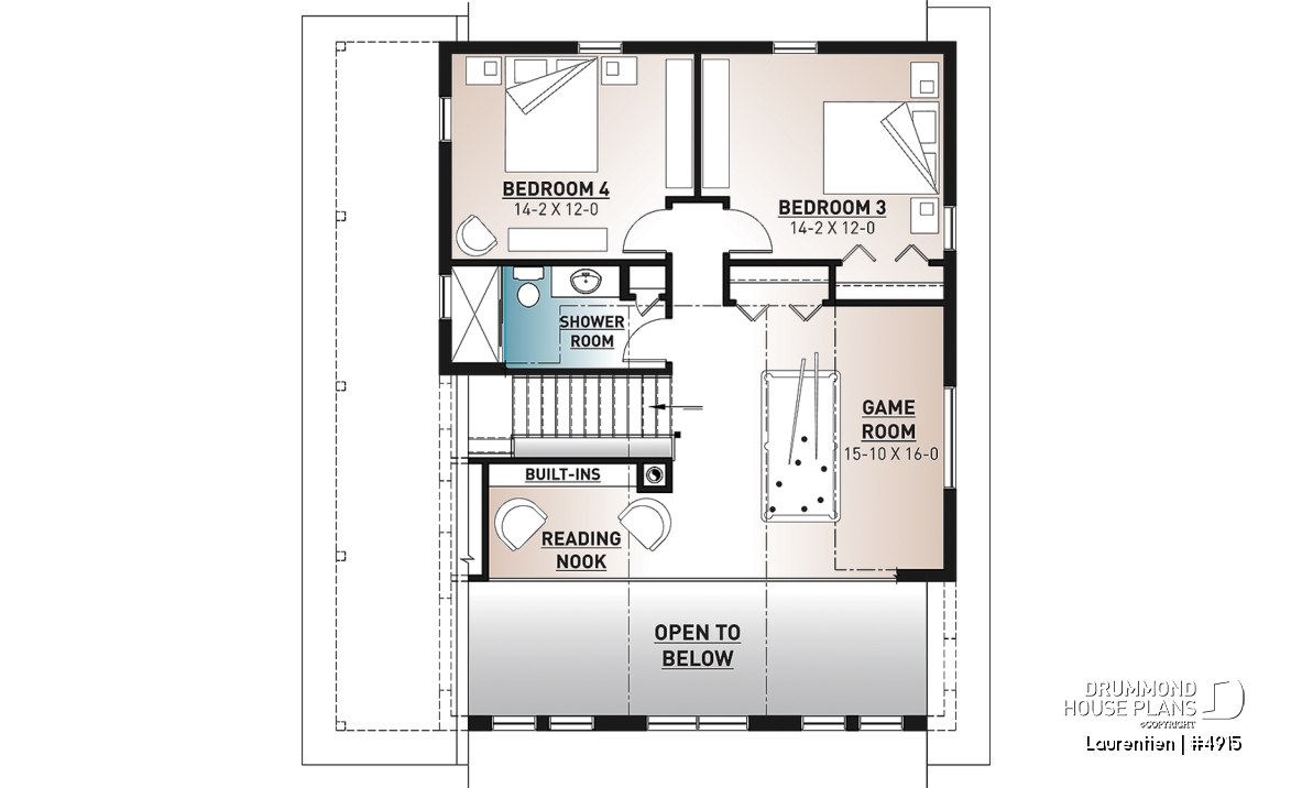 2nd level - Mountain style house plan, 4 bedrooms, garage, wraparound balconies, fireplace, loft in mezzanine - Laurentien