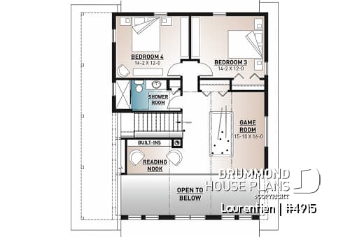 2nd level - Mountain style house plan, 4 bedrooms, garage, wraparound balconies, fireplace, loft in mezzanine - Laurentien