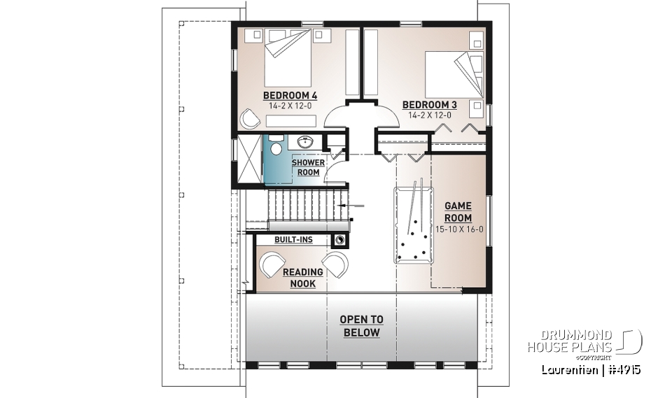 2nd level - Mountain style house plan, 4 bedrooms, garage, wraparound balconies, fireplace, loft in mezzanine - Laurentien