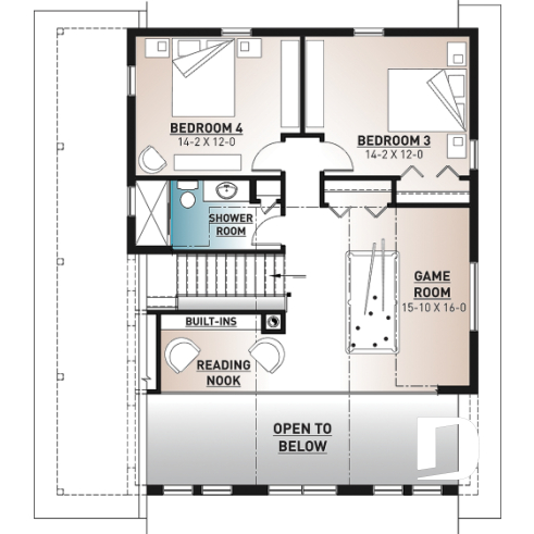 2nd level - Mountain style house plan, 4 bedrooms, garage, wraparound balconies, fireplace, loft in mezzanine - Laurentien