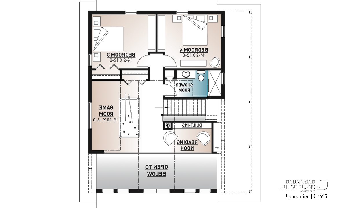 2nd level - Mountain style house plan, 4 bedrooms, garage, wraparound balconies, fireplace, loft in mezzanine - Laurentien