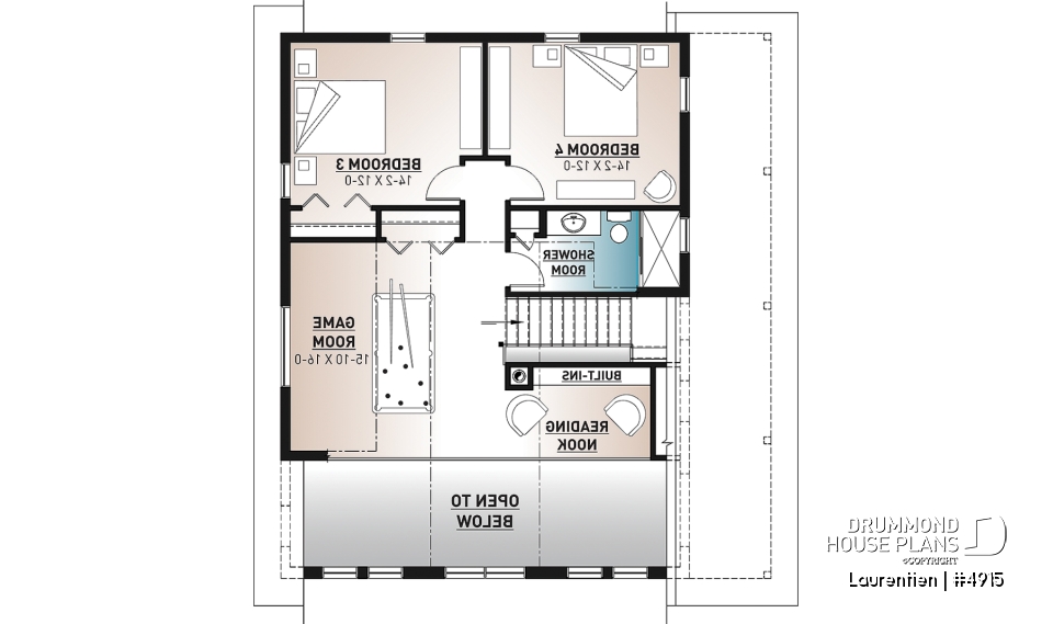 2nd level - Mountain style house plan, 4 bedrooms, garage, wraparound balconies, fireplace, loft in mezzanine - Laurentien