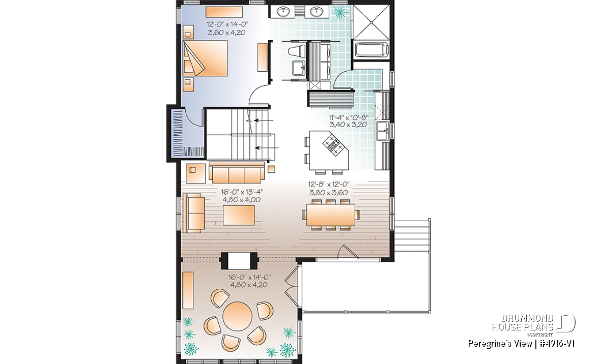 1st level - Lakefront or mountain 4 bedroom home plan, 2 master suites, open floor plan, home office, bonus space, 3 baths - Peregrine's View