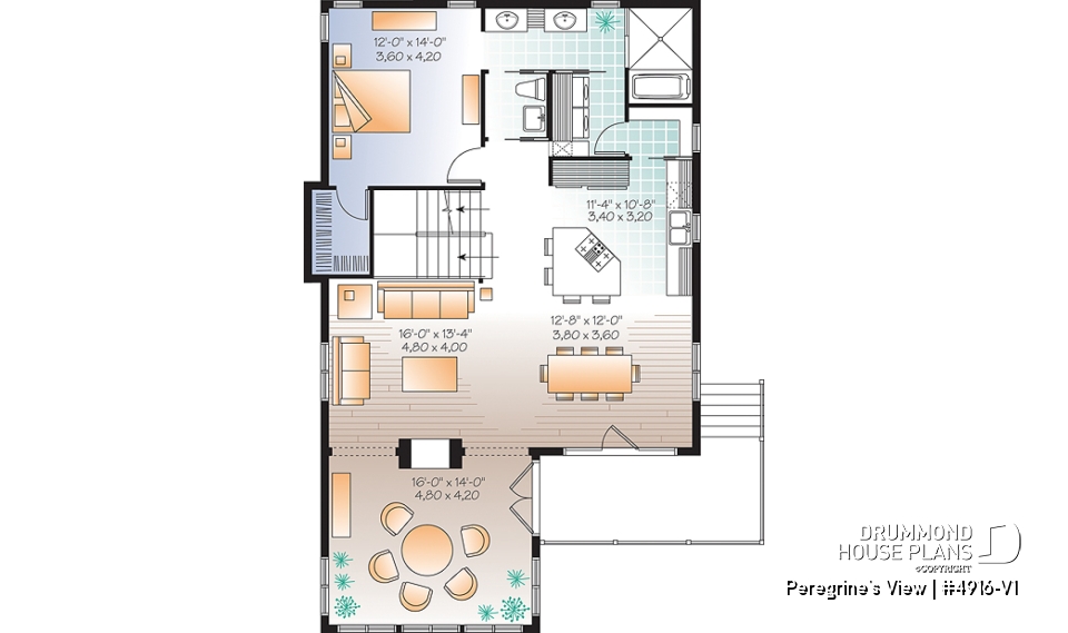 1st level - Lakefront or mountain 4 bedroom home plan, 2 master suites, open floor plan, home office, bonus space, 3 baths - Peregrine's View