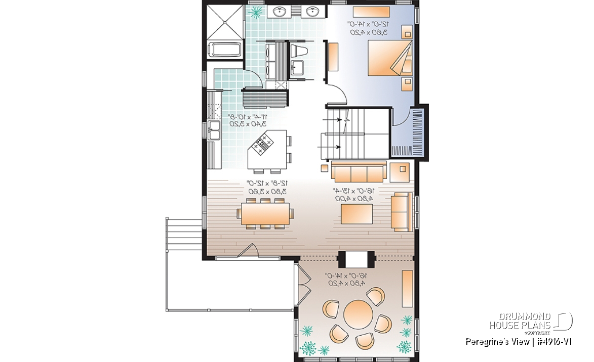 1st level - Lakefront or mountain 4 bedroom home plan, 2 master suites, open floor plan, home office, bonus space, 3 baths - Peregrine's View