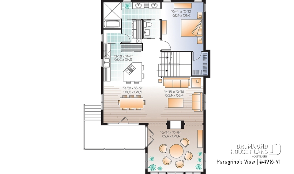 1st level - Lakefront or mountain 4 bedroom home plan, 2 master suites, open floor plan, home office, bonus space, 3 baths - Peregrine's View