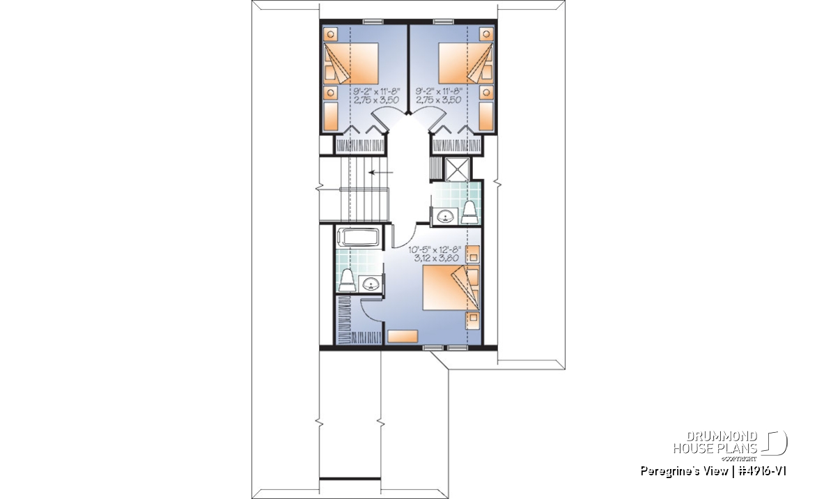 2nd level - Lakefront or mountain 4 bedroom home plan, 2 master suites, open floor plan, home office, bonus space, 3 baths - Peregrine's View