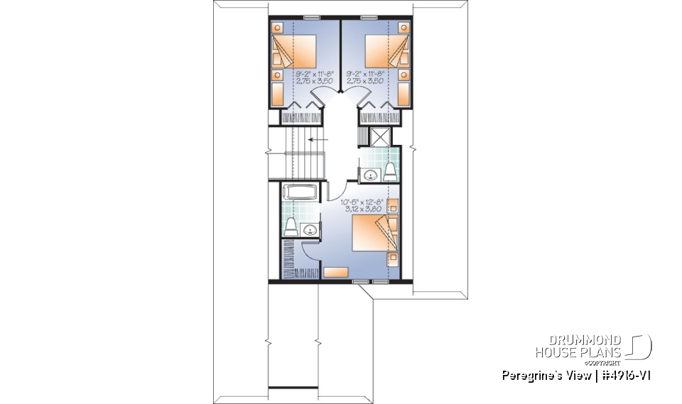 2nd level - Lakefront or mountain 4 bedroom home plan, 2 master suites, open floor plan, home office, bonus space, 3 baths - Peregrine's View