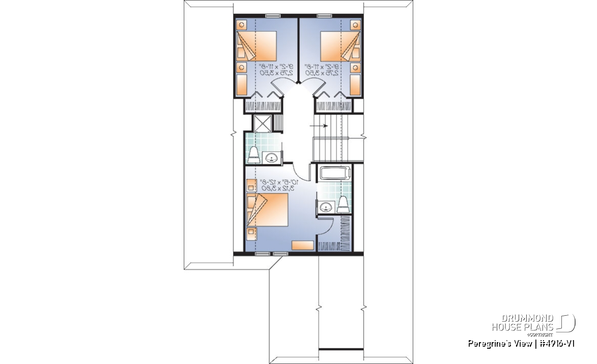 2nd level - Lakefront or mountain 4 bedroom home plan, 2 master suites, open floor plan, home office, bonus space, 3 baths - Peregrine's View