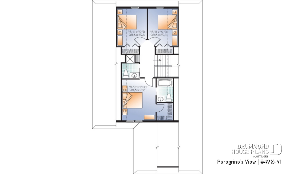 2nd level - Lakefront or mountain 4 bedroom home plan, 2 master suites, open floor plan, home office, bonus space, 3 baths - Peregrine's View