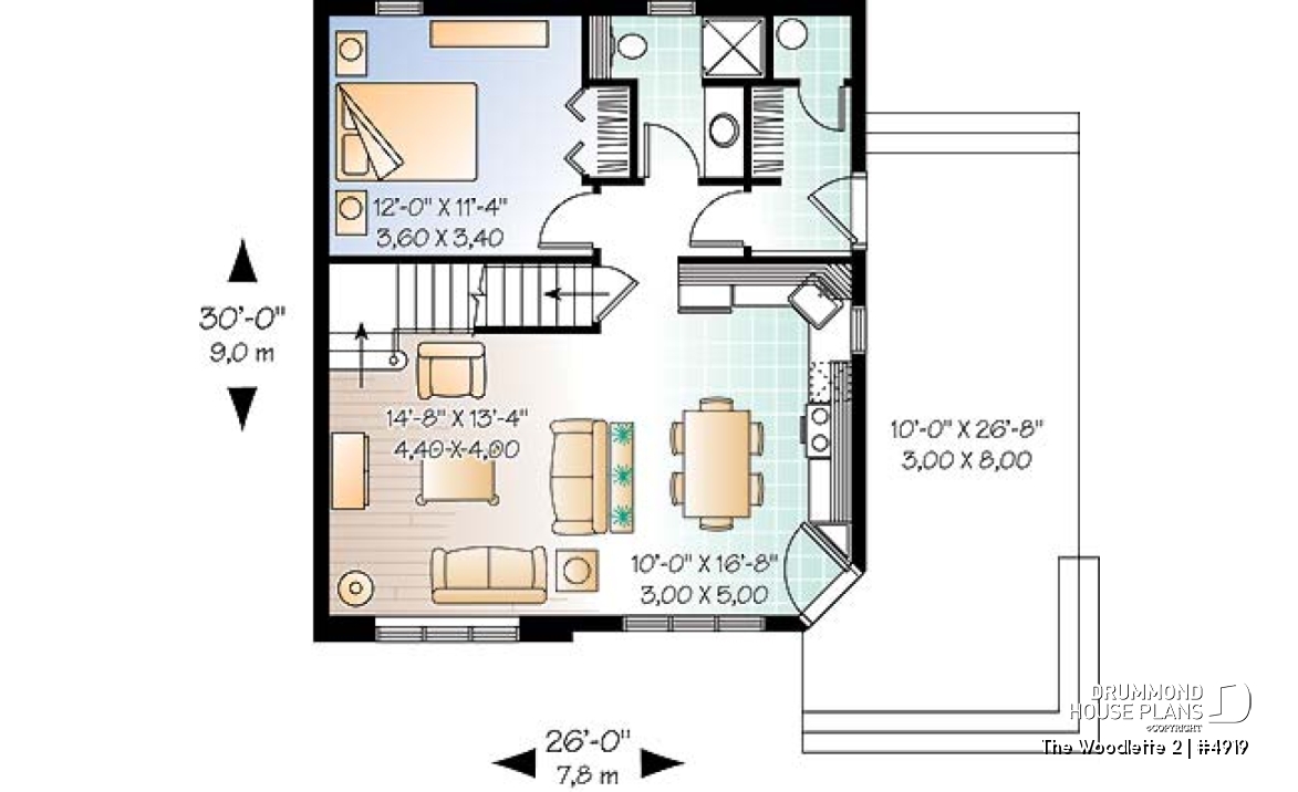 1st level - 2 to 3 bedroom affordable home plan, transitional home design, with mezzanine and open floor plan - The Woodlette 2