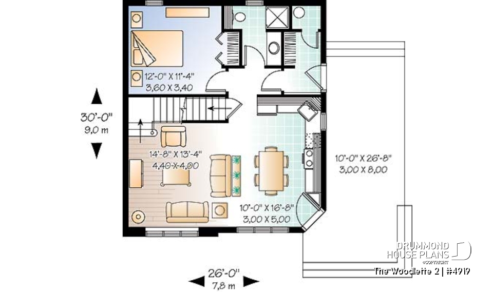 1st level - 2 to 3 bedroom affordable home plan, transitional home design, with mezzanine and open floor plan - The Woodlette 2