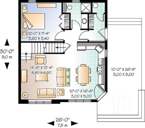 1st level - 2 to 3 bedroom affordable home plan, transitional home design, with mezzanine and open floor plan - The Woodlette 2