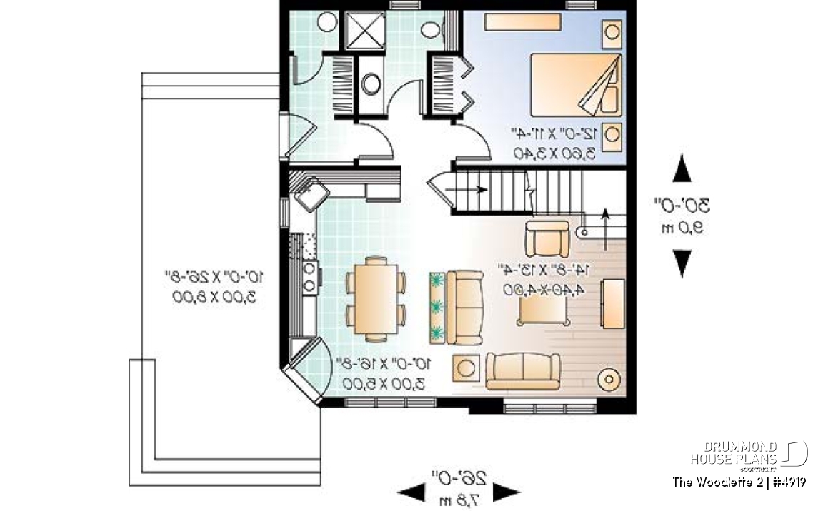 1st level - 2 to 3 bedroom affordable home plan, transitional home design, with mezzanine and open floor plan - The Woodlette 2