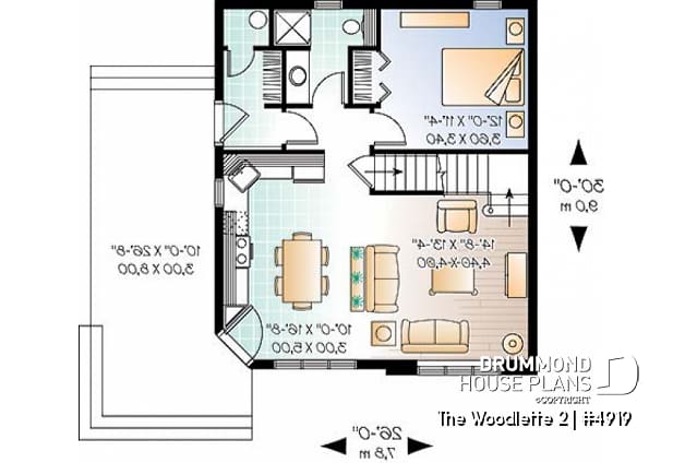1st level - 2 to 3 bedroom affordable home plan, transitional home design, with mezzanine and open floor plan - The Woodlette 2