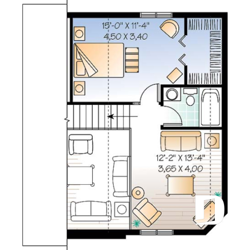 2nd level - 2 to 3 bedroom affordable home plan, transitional home design, with mezzanine and open floor plan - The Woodlette 2