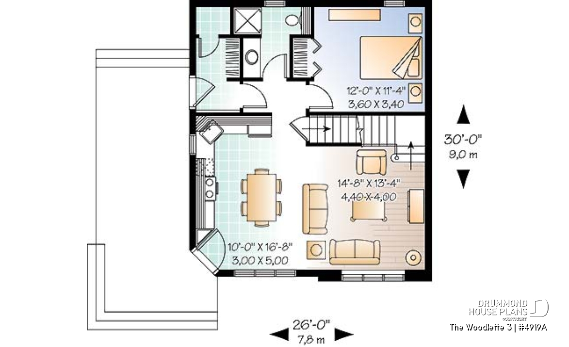 1st level - Small and affordable 2 to 3 bedroom home plan with large covered terrace and great open floor plan concept - The Woodlette 3