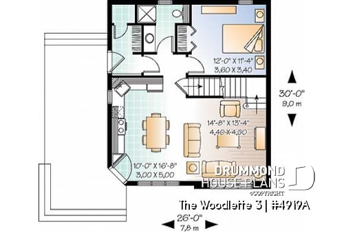 1st level - Small and affordable 2 to 3 bedroom home plan with large covered terrace and great open floor plan concept - The Woodlette 3