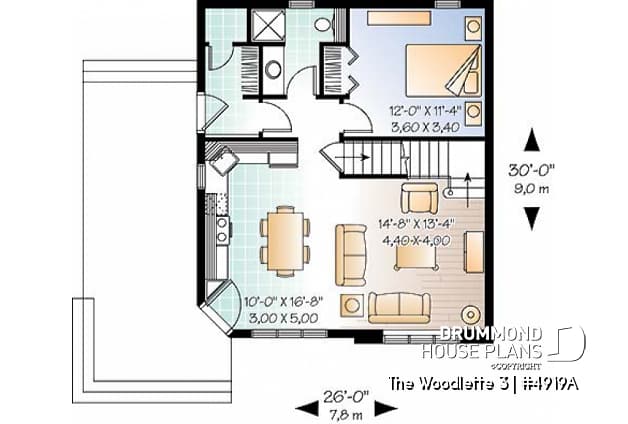 1st level - Small and affordable 2 to 3 bedroom home plan with large covered terrace and great open floor plan concept - The Woodlette 3