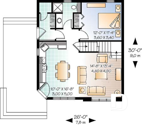 1st level - Small and affordable 2 to 3 bedroom home plan with large covered terrace and great open floor plan concept - The Woodlette 3