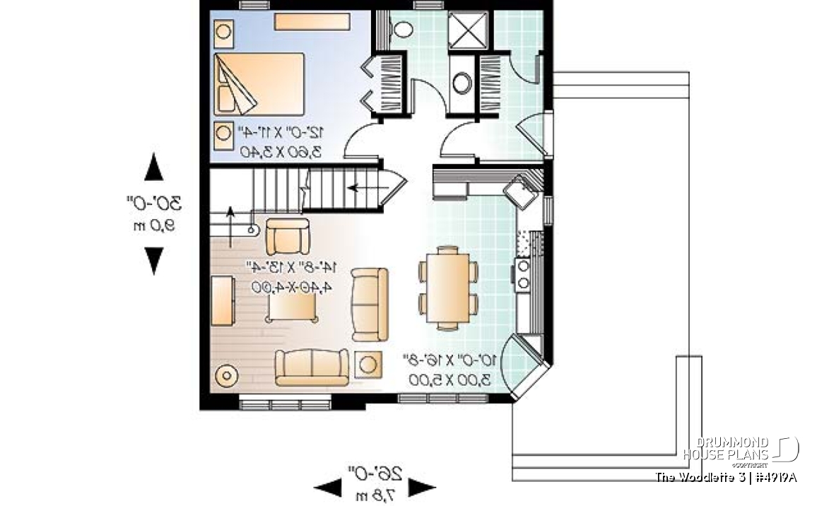 1st level - Small and affordable 2 to 3 bedroom home plan with large covered terrace and great open floor plan concept - The Woodlette 3