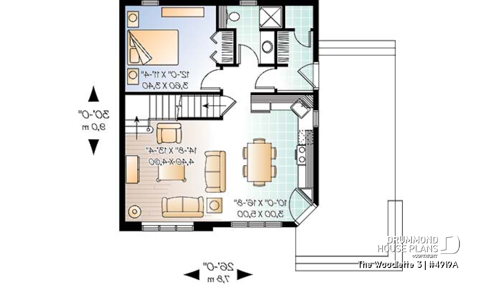 1st level - Small and affordable 2 to 3 bedroom home plan with large covered terrace and great open floor plan concept - The Woodlette 3