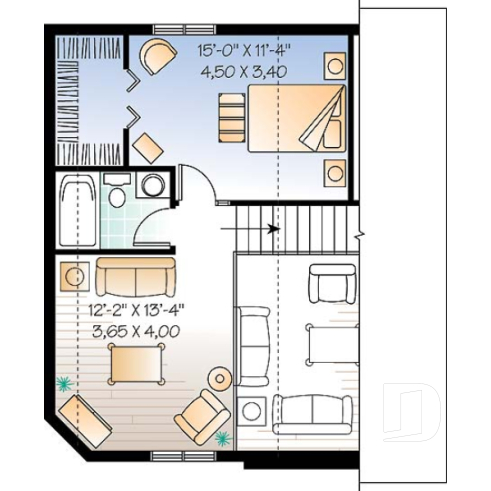 2nd level - Small and affordable 2 to 3 bedroom home plan with large covered terrace and great open floor plan concept - The Woodlette 3