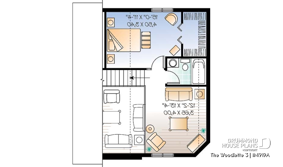 2nd level - Small and affordable 2 to 3 bedroom home plan with large covered terrace and great open floor plan concept - The Woodlette 3