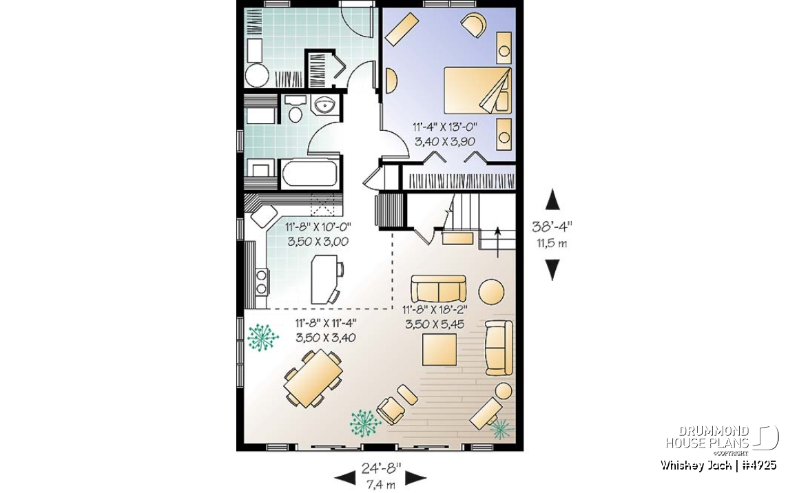 1st level - Traditional A-Frame Rustic cottage house plan, 2 bedrooms + loft, mezzanine and cathedral ceiling  - Whiskey Jack
