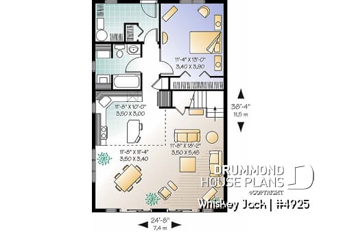 1st level - Traditional A-Frame Rustic cottage house plan, 2 bedrooms + loft, mezzanine and cathedral ceiling  - Whiskey Jack