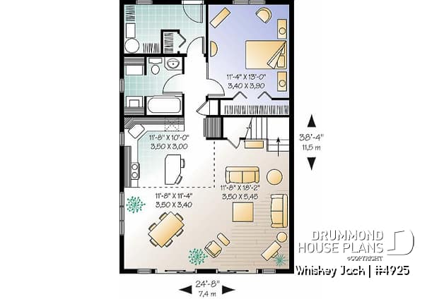 1st level - Traditional A-Frame Rustic cottage house plan, 2 bedrooms + loft, mezzanine and cathedral ceiling  - Whiskey Jack